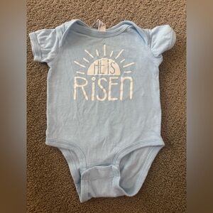 Blue Baby 6 Month Onesie - "He Is Risen" Design Easter Light Blue Christian